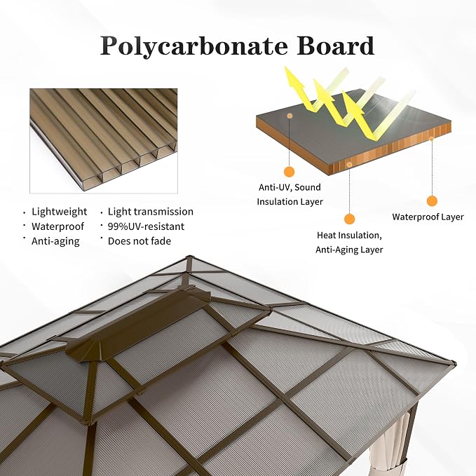 10'x13' Hardtop Gazebo, Outdoor Polycarbonate Double Roof Canopy, Aluminum - Image 3