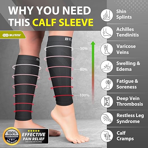 BLITZU 3 Pairs Calf Compression Sleeves for Men and Women. Footless Compression Socks & Leg Support for Running, Travel, Nursing, Fitness. Shin Splints Pain Relief & Reduce Swelling Black XXL