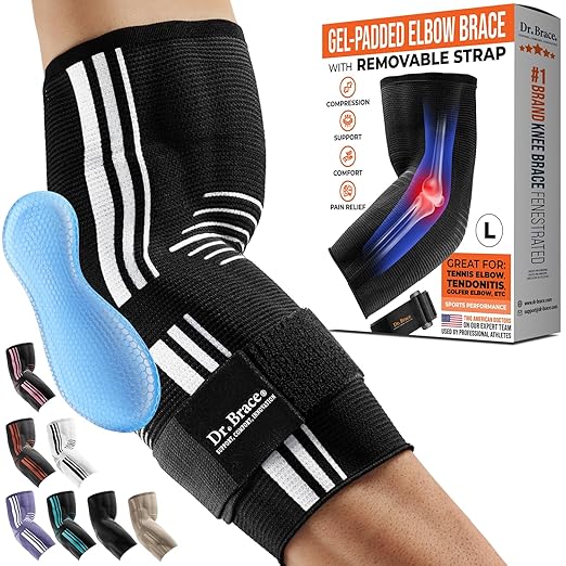 DR. BRACE® Elite Elbow Brace Support, Breathable Elbow Compression Sleeve with Gel Pad for Golfer's, Tennis Elbow & Tendonitis Treatment & Pain Relief 2024 (A Black-White, Large)