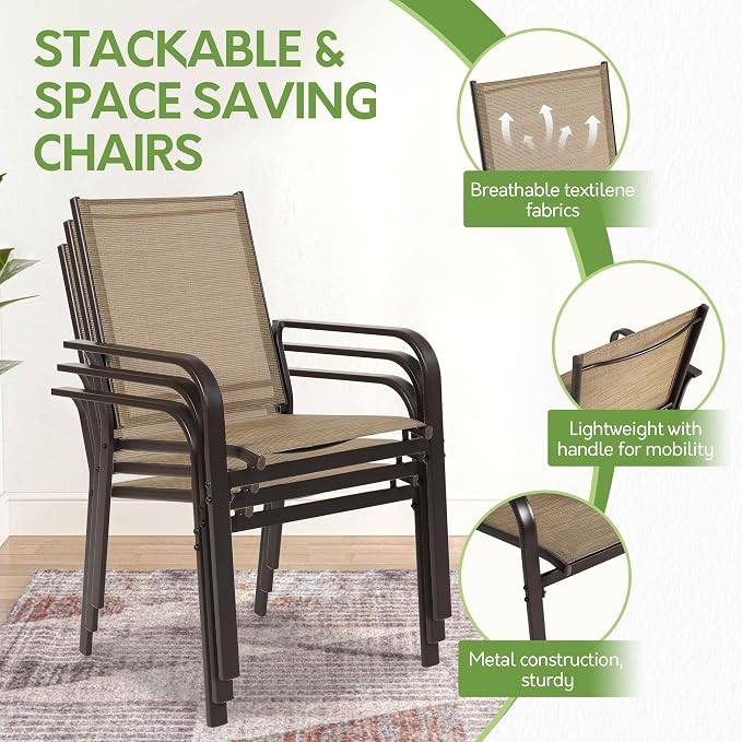 7 Piece Patio Dining Set for 6 | 6 Stackable Textilene Chairs and 1 Dining - Image 4