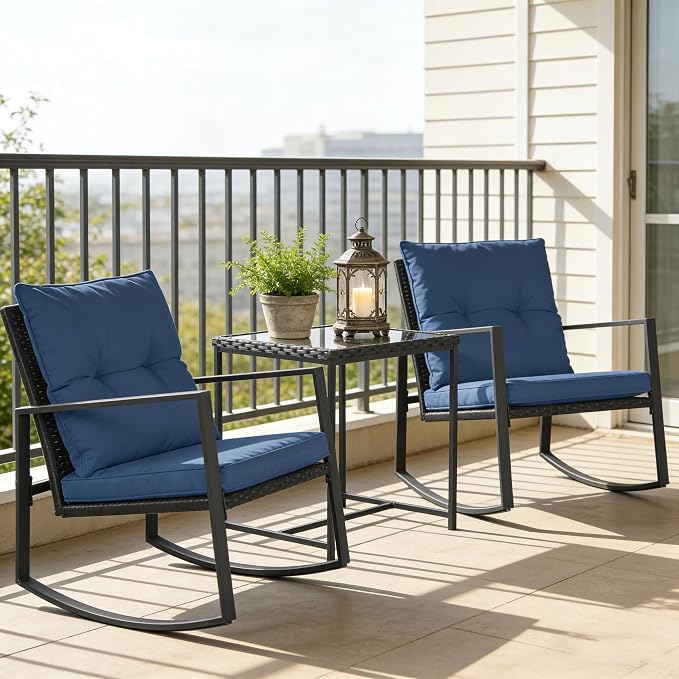 SUNCROWN 3 Piece Outdoor Rocking Bistro Set Black Wicker Furniture Porch Chairs - Image 3