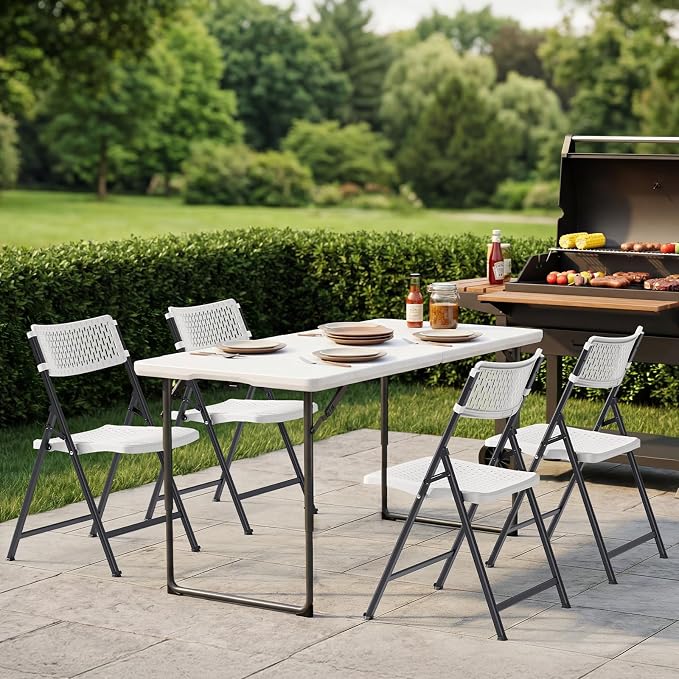4-Pack White Folding Chairs, Mesh Plastic Seat - Image 2