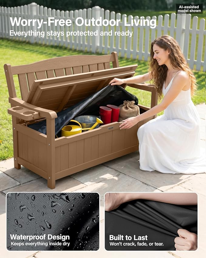 YEFU Outdoor Bench, Heavy Duty Garden Storage Bench, Weatherproof, Teak | HIPS - Image 4