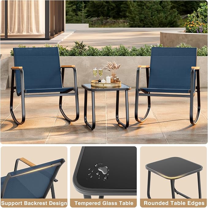 3-Piece Outdoor Rocking Bistro Set, Patio Furniture Set, 2 Rocking Chairs - Image 5