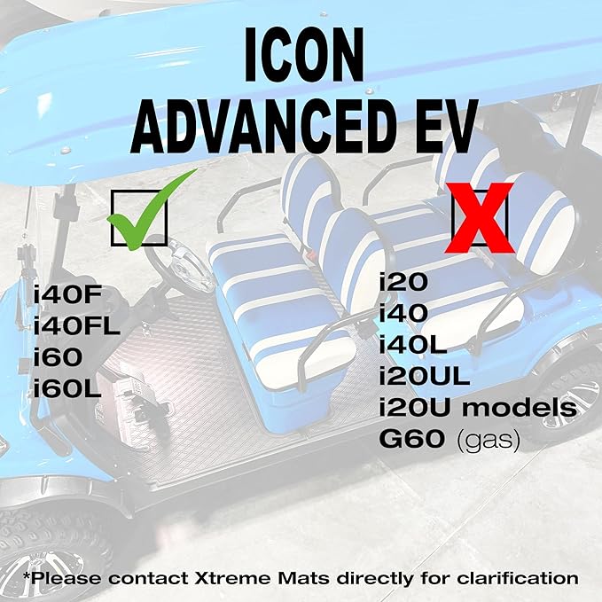 Xtreme Mats ICON Compatible Full Coverage Golf Cart Floor Mats Set (1st & 2nd Row Mats) Fits ICON 4F & 6 Seater Golf Carts - i40F, i40FL, i60, i60L - Blue Trim
