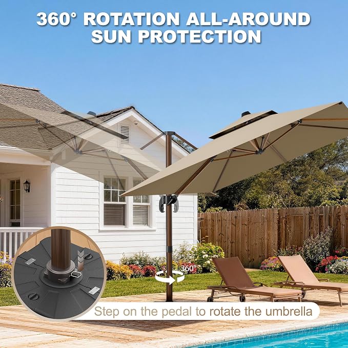 10x13FT Cantilever Outdoor Patio Umbrellas, Double Top Wood Pattern Rectangle - Image 2