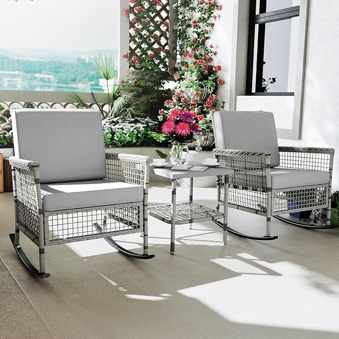 DECMICO 3-Piece Grey Wicker Rocking Chair Set, Outdoor Patio Furniture | Modern - Image 3