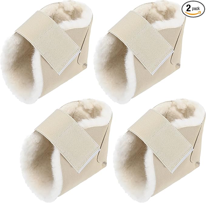 2 Pairs Heel Protector Boot Sheepskin Heel Protectors Soft Foot Cushions Pads with Securing Strap for Protect Feet Ankle Pressure Bed Sores(Beige)