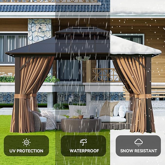 Aoxun 12'x10' Gazebo with Polycarbonate Double Roof, Light Brown | Metal Frame - Image 5