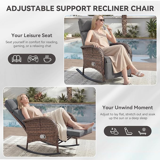 Zero Gravity Patio Rocking Wicker Recliner Chairs Set of 2- Wicker Outdoor - Image 5