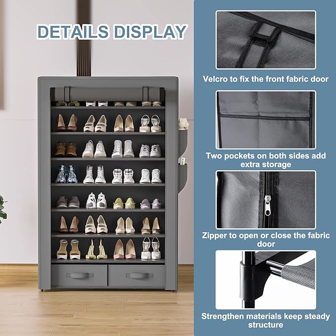 OYREL Shoe Rack Storage Cabinet 32 Pairs Organizer Shelf Tall for Shoes Large Free Standing Racks Vertical Shoe Holder Stand with Cover Two Boxes Closet