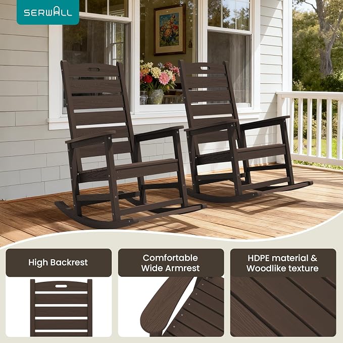 SERWALL Outdoor Rocking Chair Set of 2, Oversized HDPE Rocker, Coffee | Heavy - Image 10