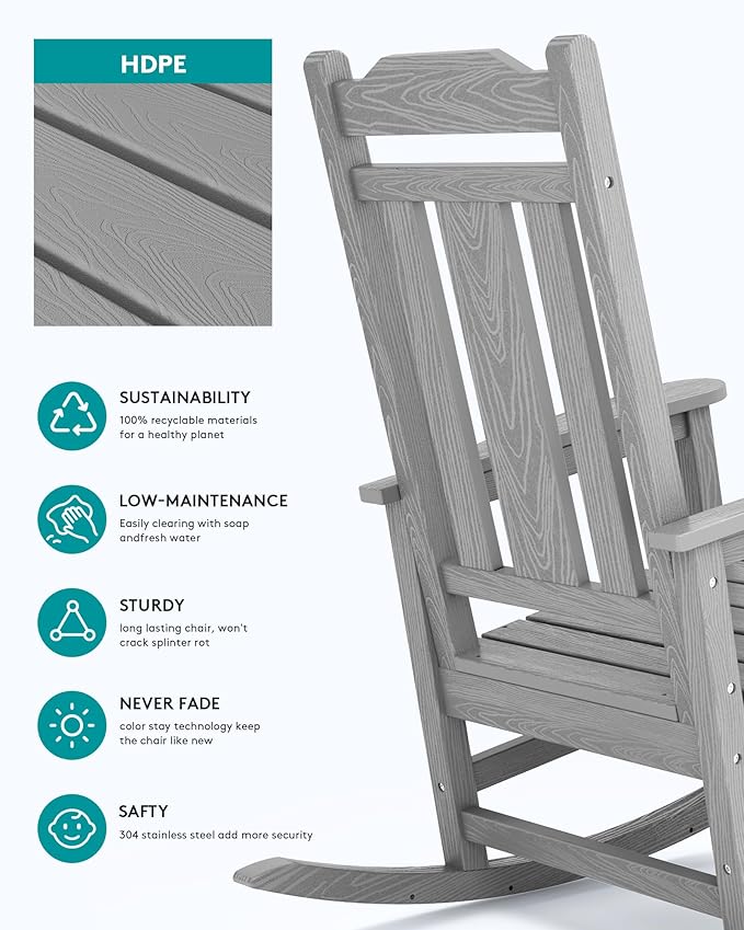 SERWALL Oversized Outdoor Rocking Chairs Set of 4, Patio Rocker, Space Gray | - Image 4