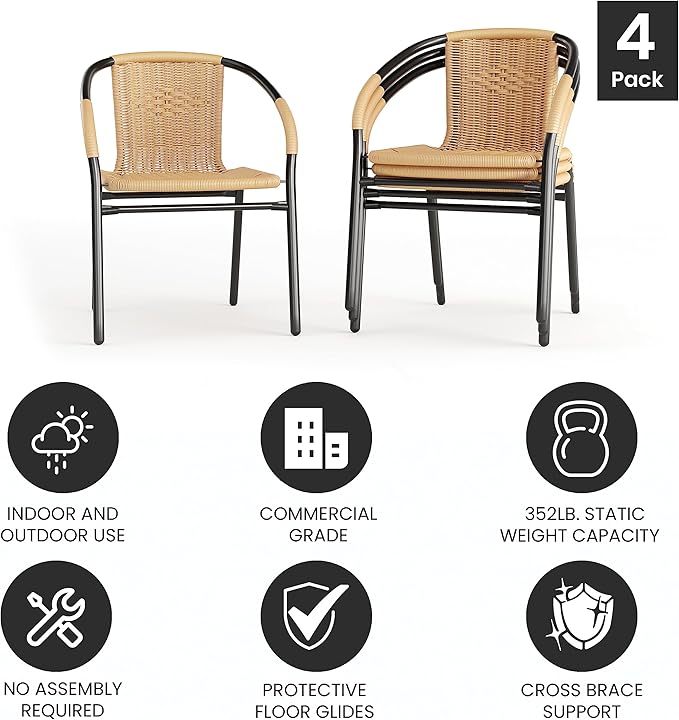 Flash Furniture Lila 4 Pack Beige Rattan Indoor-Outdoor Restaurant Stack Chair - Image 5