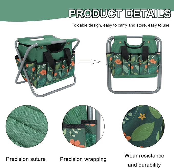 Folding Gardening Stool with Detachable Storage Tote Bag, Portable Garden Chair - Image 5