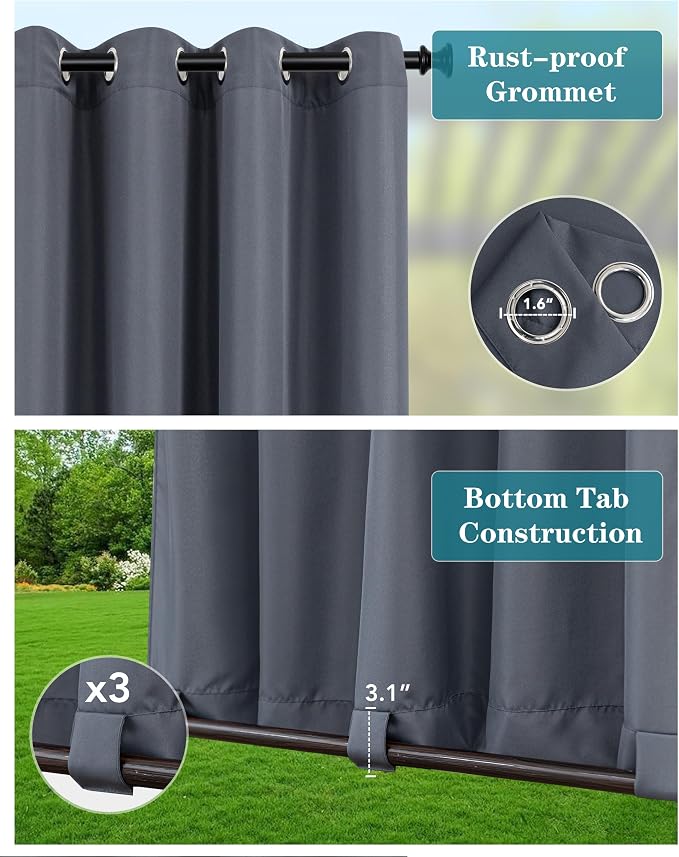 Windproof Outdoor Curtains for Patio Waterproof 4 Pcs 54x108 In Grey | Grommet - Image 2