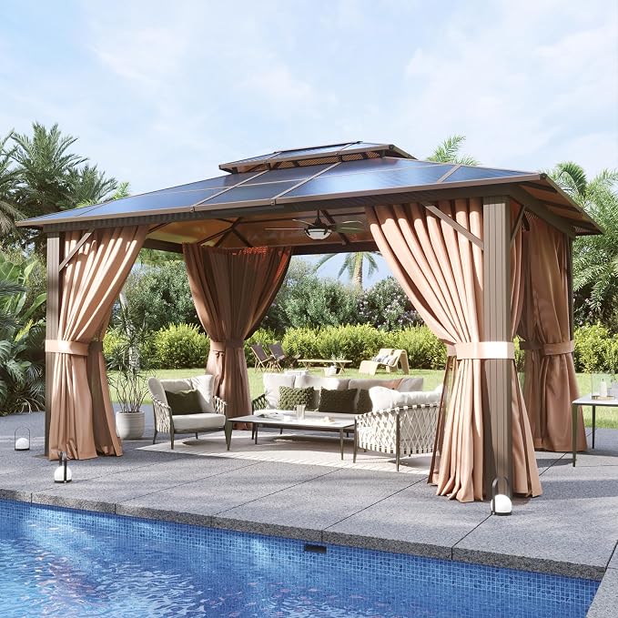 Aoxun 12'x10' Gazebo with Polycarbonate Double Roof, Light Brown | Metal Frame - Image 2