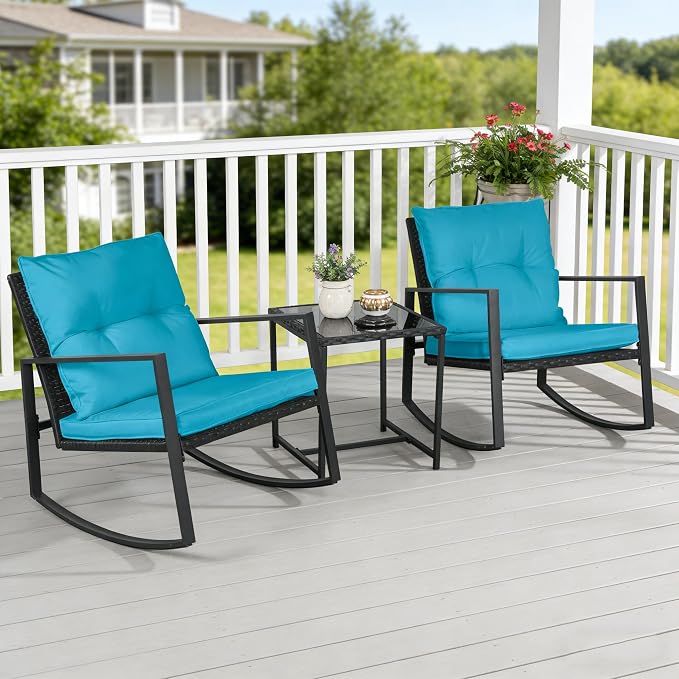 SUNCROWN 3 Piece Outdoor Rocking Bistro Set Black Wicker Furniture Porch Chairs - Image 4