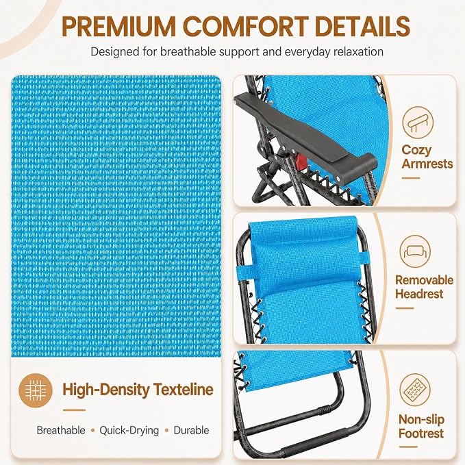 Yaheetech 26" Zero Gravity Recliners Adjustable Set of 2, Light Blue | Outdoor - Image 4