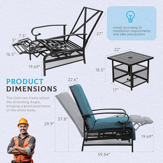 Incbruce 2 Pieces Outdoor Lounge Recliner Set, Adjustable Metal Recliner Sofa - Image 3