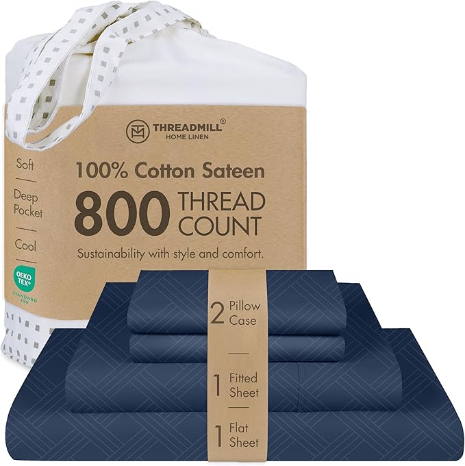 Threadmill King Size Sheets for King Mattress | 800 Thread Count Jacquard Folkstone Blue | Better Than Egyptian Cotton | 4 Pc Bed Sheets | Damask Sheets Fits 16'' Deep Pocket | 100% Cotton Sheet