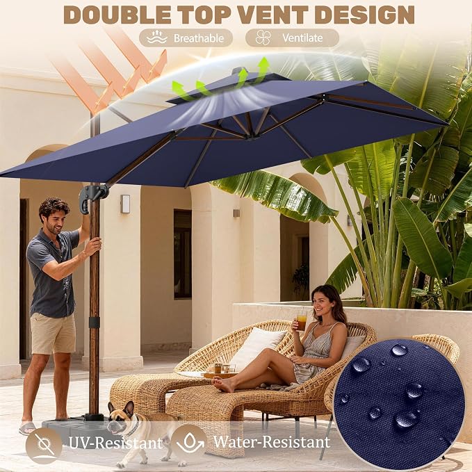 10x13FT Cantilever Outdoor Patio Umbrellas, Double Top Wood Pattern Rectangle - Image 3