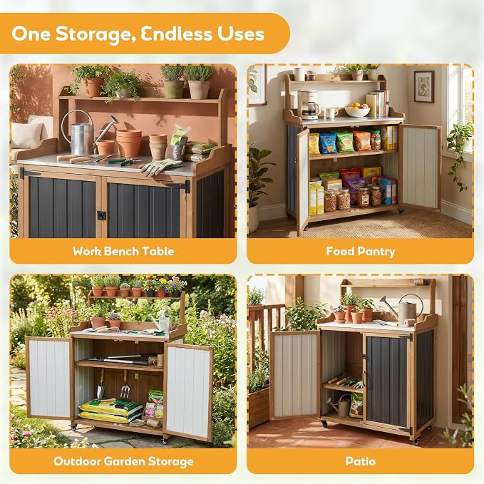 Potting Bench with Storage & Wheels, Mobile Outdoor Cabinet - Image 6