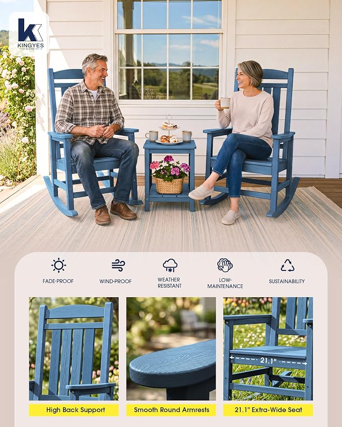 Oversized Outdoor Rocking Chairs Set of 2, Porch Rocker Unique Blue | - Image 6