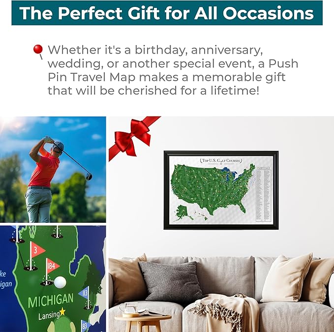 Push Pin Travel Maps Customizable Wall Art - Top Golf Courses USA Map - Black Frame - Framed Pin Map, Includes 150 Pins - Handcrafted in USA - 27.5" x 39.5"