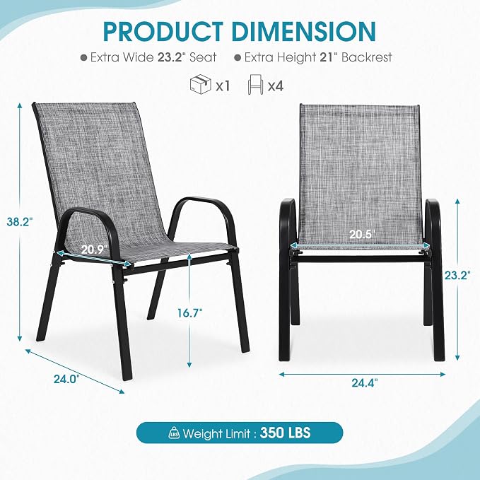 24.4" Wide Outdoor Stackable Chairs Set of 8 | Stacking Patio Chairs - Image 3