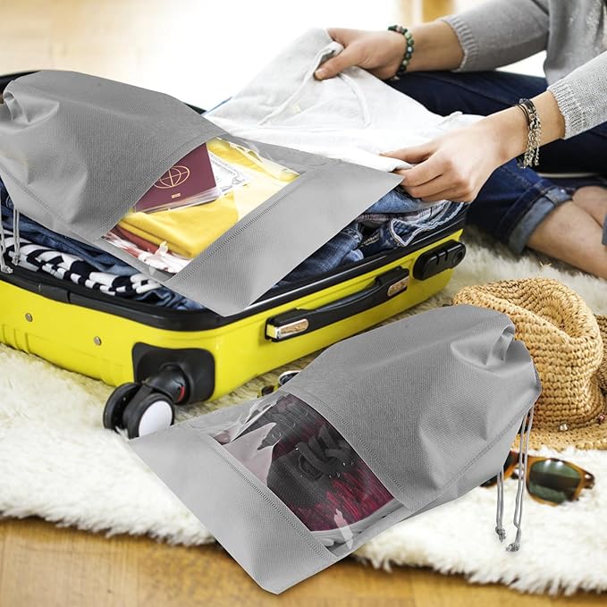 12 Pack Large Shoe Bags for Packing with Clear Window, Dustproof Drawstring Travel Shoe Storage Bags for Men & Women, Gray