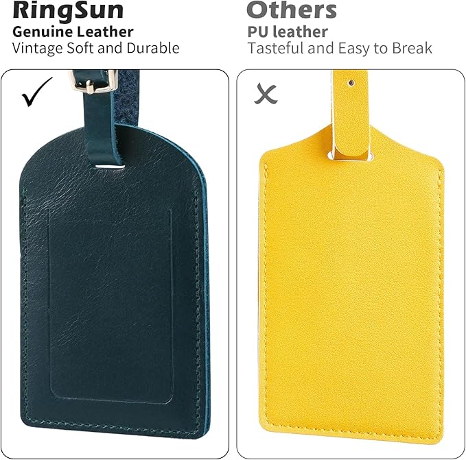 Ringsun Genuine Leather Luggage Tag for Suitcases ID Tags Bag Tags for Luggage (4 Pack, Blue)