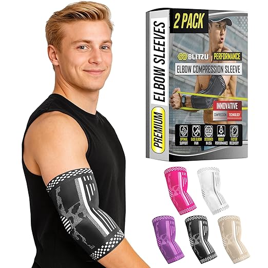 BLITZU Elbow Compression Sleeve for Tendonitis 2 Pack, Tennis Elbow Brace Support for Men and Women Golfers Elbow Pain Relief, Arthritis, Bursitis, Arm Brace for Workout, Weightlifting Black XL