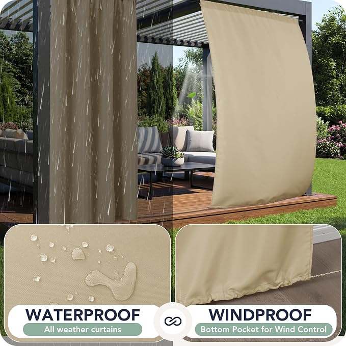 Outdoor Curtains for Patio Waterproof, 8 Panels, Rod Pocket | Weatherproof & - Image 2