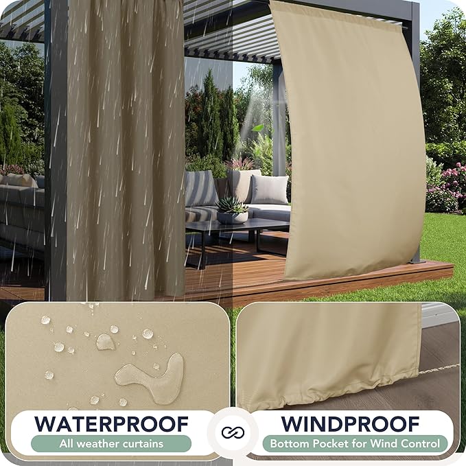 Outdoor Curtains for Patio Waterproof, 8 Panels, Rod Pocket | Weatherproof & - Image 2