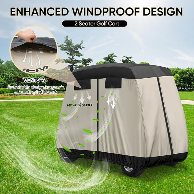 NEVERLAND Golf Cart Cover 2 Passenger - Outdoor Waterprood Golf Cart Covers, 420D Club Car Golf Cart Covers With Air Vent&Zipper Compatible with EZGO Yamaha Club Car 2 Seat (Up to 95 Inch)Black+Brown