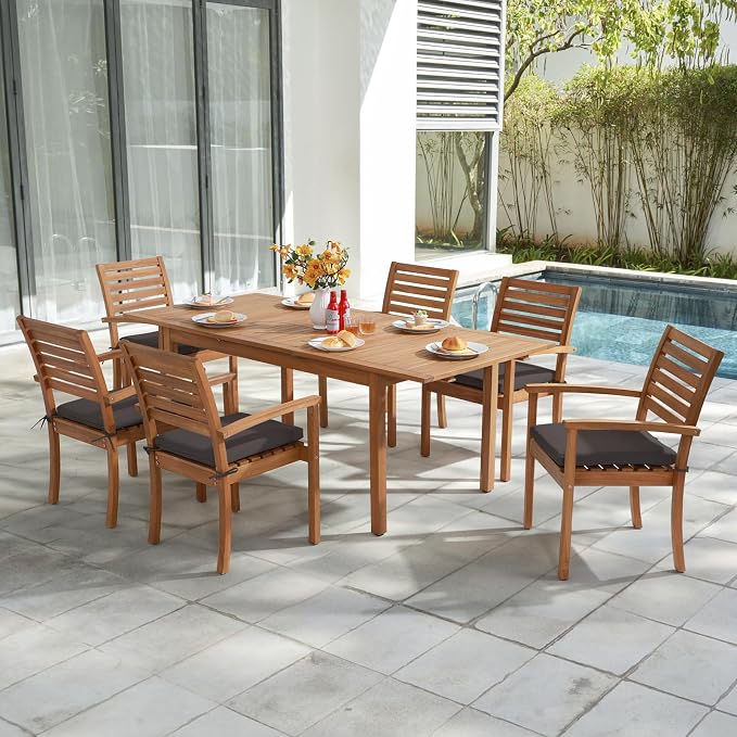 Stackable Patio Dining Chairs Set of 8, Dark Grey | Outdoor Acacia Wood Chairs - Image 6
