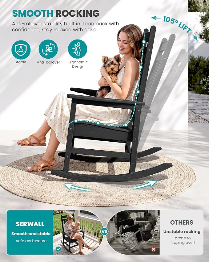 SERWALL Outdoor Rocking Chair Set of 2, Oversized Porch Rocker, Contoured 19.6" - Image 4