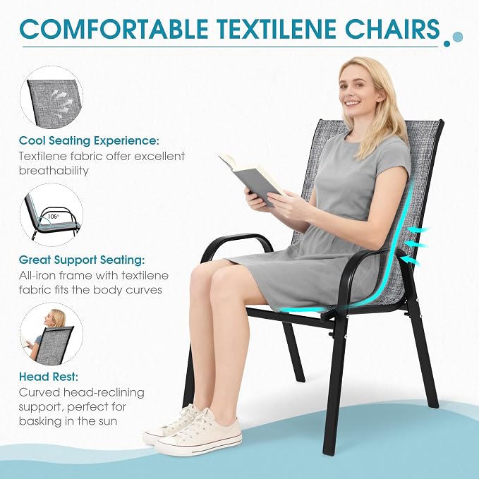 24.4" Wide Outdoor Stackable Chairs Set of 8 | Stacking Patio Chairs - Image 4