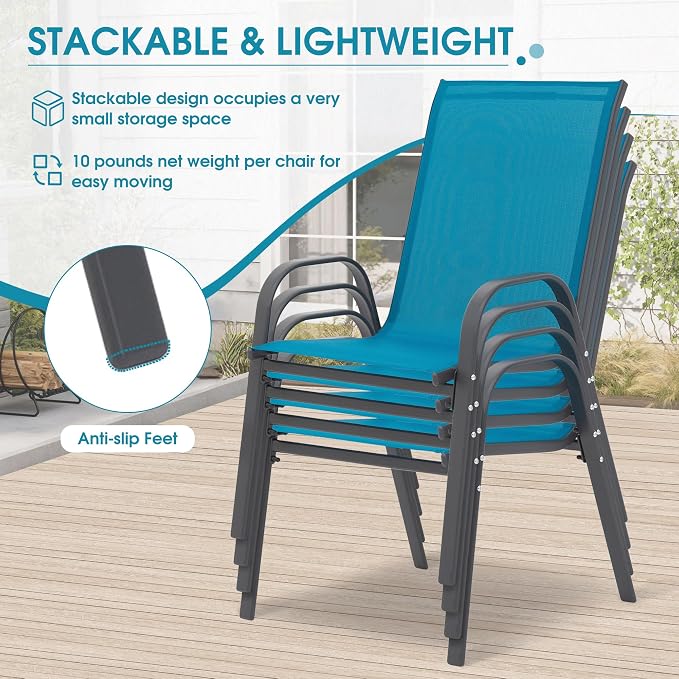 24.4" Wide Outdoor Stackable Chairs Set of 6 | Stacking Patio Chairs - Image 6