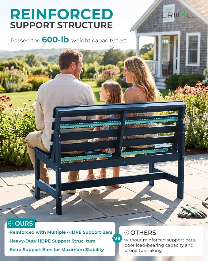 SERWALL Armless Outdoor Bench, All Weather HDPE Porch Bench, 1 Pack, Suitable - Image 6