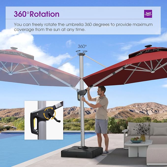 PURPLE LEAF Cantilever Umbrella 13ft Solar LED Light Double Top, Brick Red | - Image 5