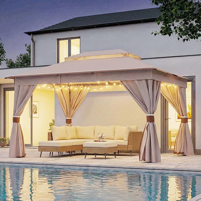 10'x13' Outdoor Gazebo with 50FT String Lights, Metal Heavy Duty Patio Canopy by LAUSAINTHOME