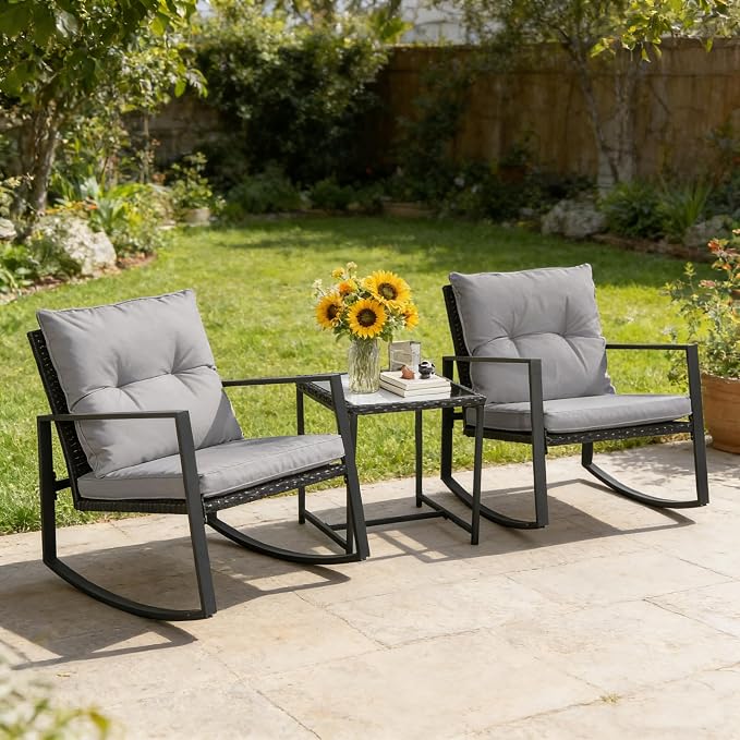 SUNCROWN 3 Piece Outdoor Rocking Bistro Set Black Wicker Furniture Porch Chairs - Image 5