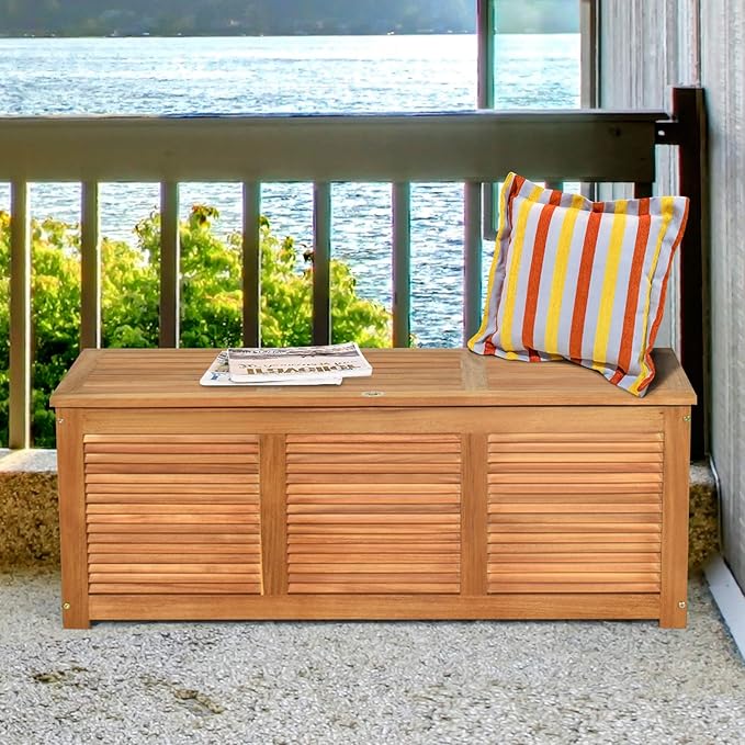 DREAMADE 47 Gallon Deck Box, Acacia Wood Outdoor Storage Bench, Natural | Patio - Image 3
