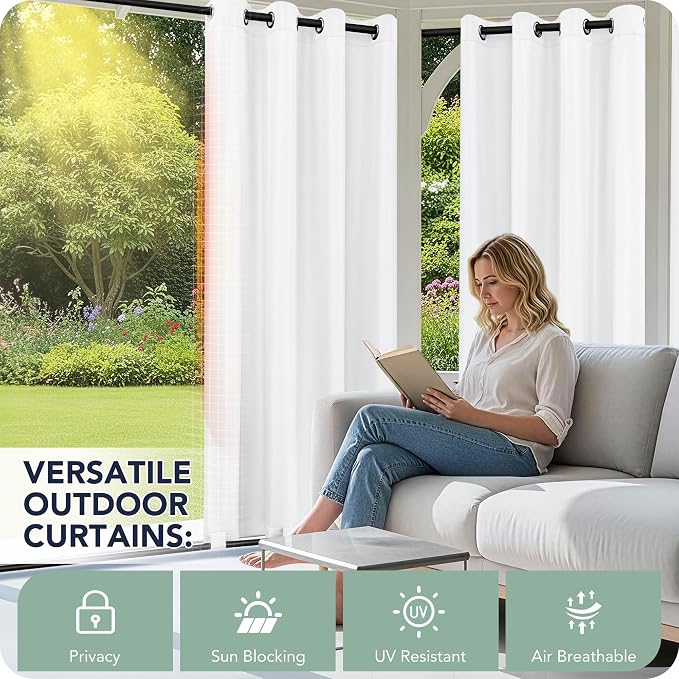 Outdoor Curtains for Patio Waterproof 6 Panels, Porch Sun Shade | Weatherproof - Image 3