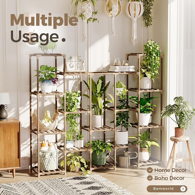 Bamworld Large Hanging Plant Stand Indoor Tall Plant Shelf Outdoor 14 Pots | - Image 2