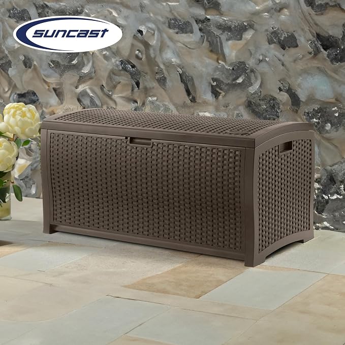 Suncast 99 Gallon Plastic Wicker Deck Box Container Storage - Image 4