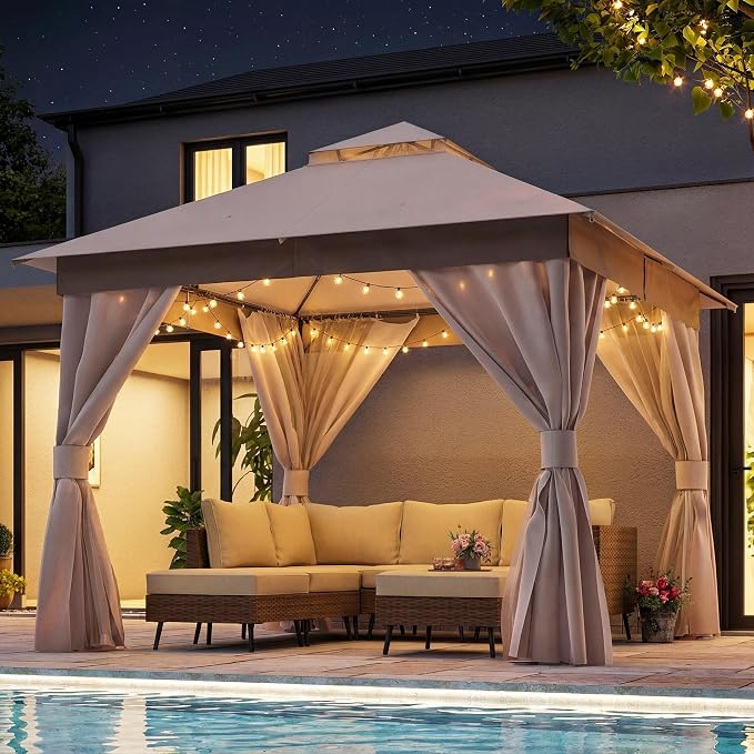 10'x10' Outdoor Gazebo with 50FT String Lights, Metal Heavy Duty Patio Canopy by LAUSAINTHOME