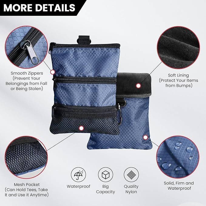 FINGER TEN Golf Pouch Bag for Valuables Tee Color with 4 Golf Pencil Pack, Zippered Pocket Gear Clip Hook to Bag